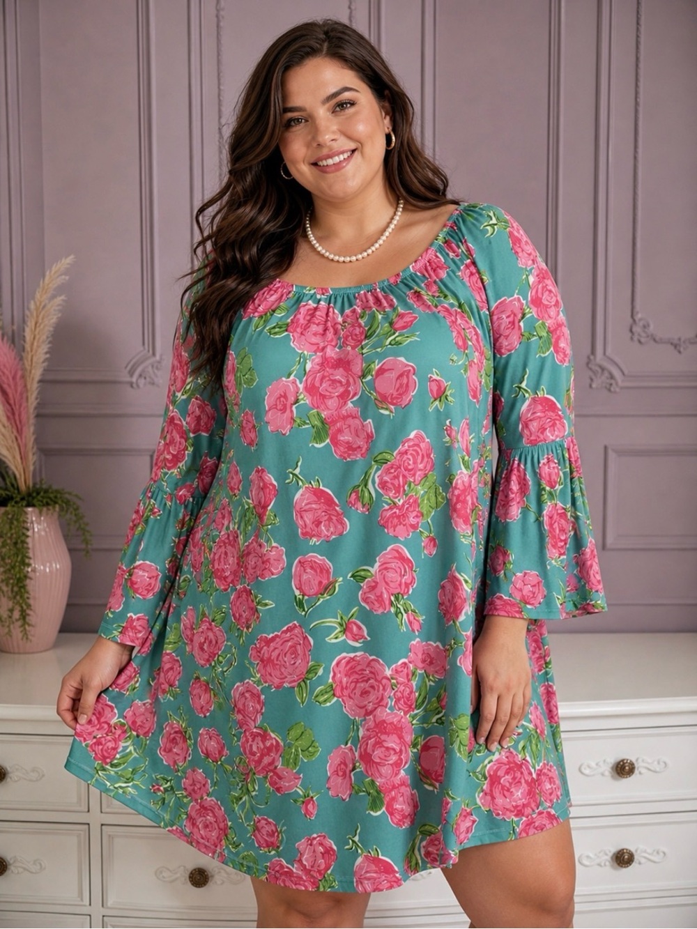 Simply Southern Teal Pink Roses  Light Flowy Airy Dress Scalloped Bell Sleeves